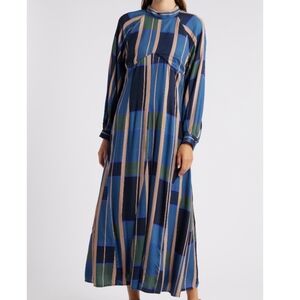 Du Paradis Maxi Plaid Long-Sleeve Dress in Blue and Green